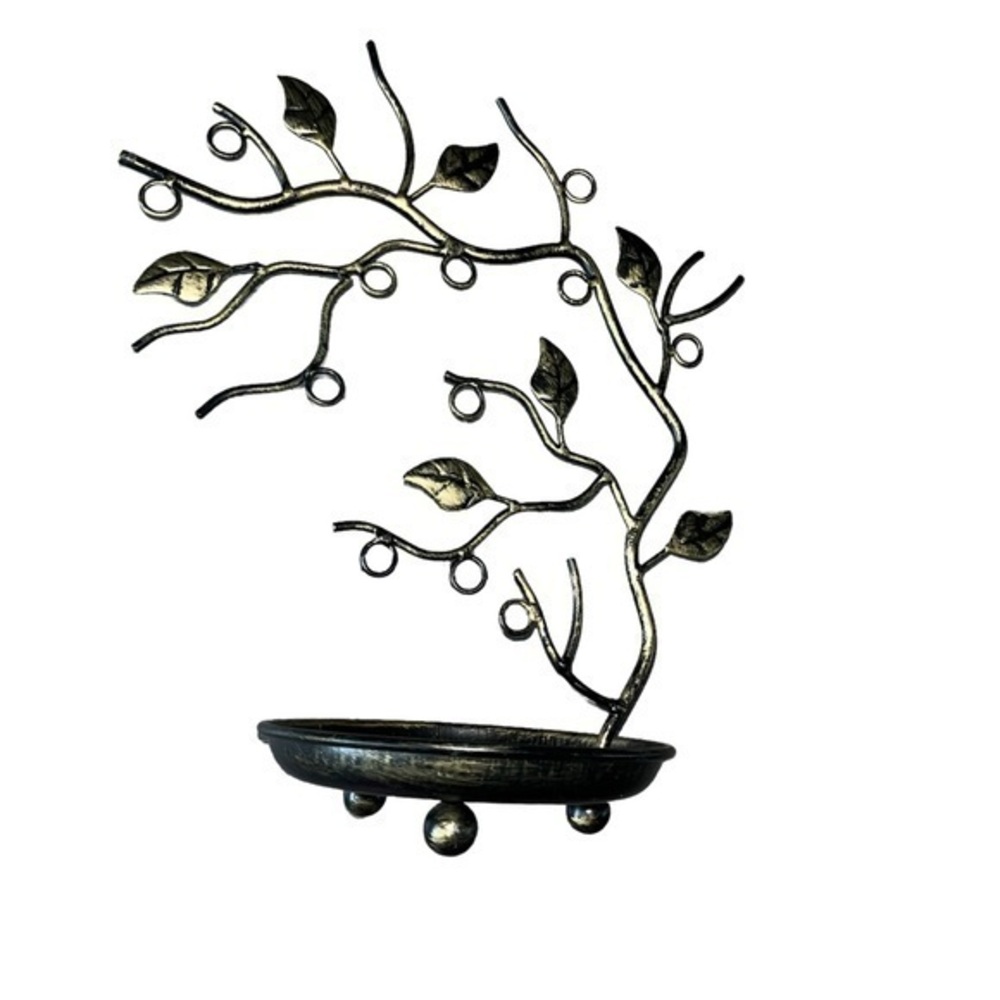 Beautiful Iron Jewelry Tree Display Organizer Metal Leaves Round Tray Base